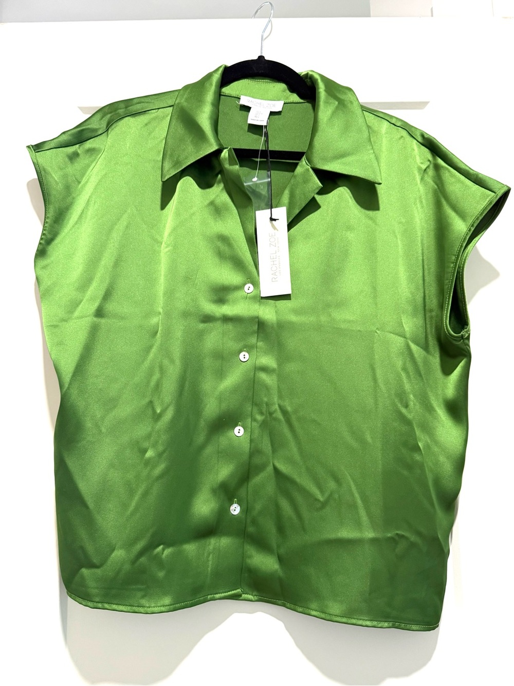 New with tags - Rachel Zoe - parrot green satin short sleeve blouse in L.